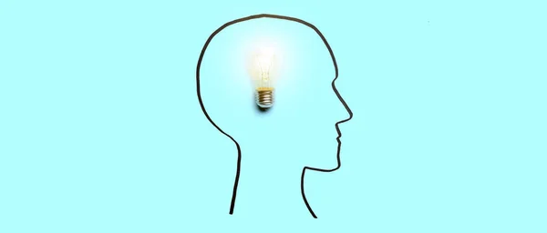 Drawn Human Head Light Bulb Light Blue Background Concept Insight — Stock Photo, Image