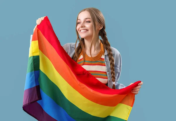 Beautiful Young Woman Lgbt Flag Blue Background — Stock Photo, Image