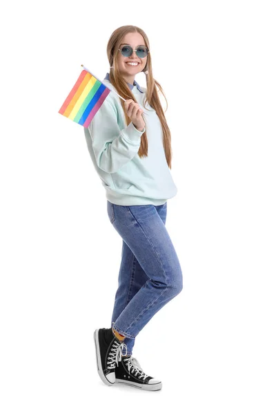 Beautiful Young Woman Sunglasses Lgbt Flag White Background — 스톡 사진