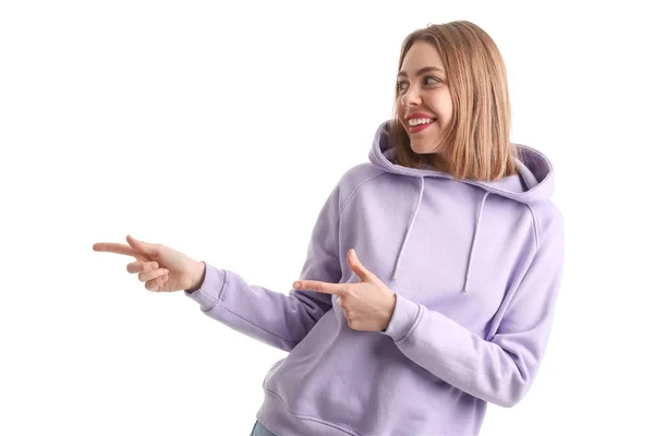 Young Woman Lilac Hoodie Pointing Something White Background — Stock Photo, Image