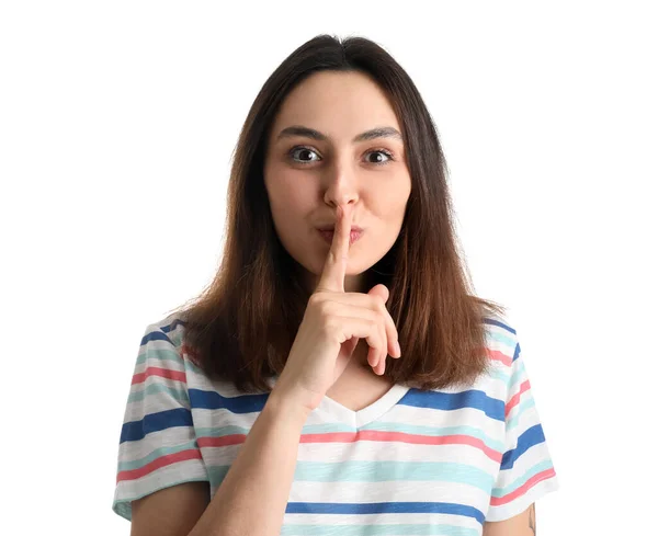 Young Woman Showing Silence Gesture White Background Closeup — Stock Photo, Image