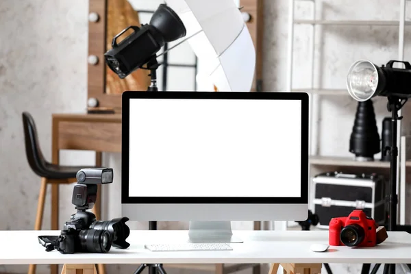 Modern Photographer Workplace Computer Studio — Stock Photo, Image