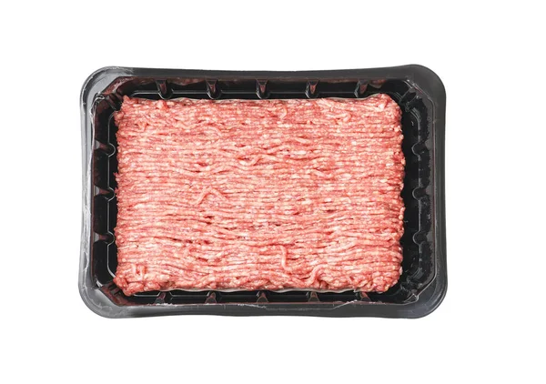 Pacote Plástico Com Carne Picada Fresca Isolada Fundo Branco — Fotografia de Stock