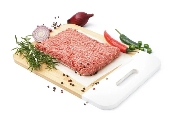 Board Fresh Minced Meat Rosemary Chili Peppers Onion Isolated White — Stock Photo, Image