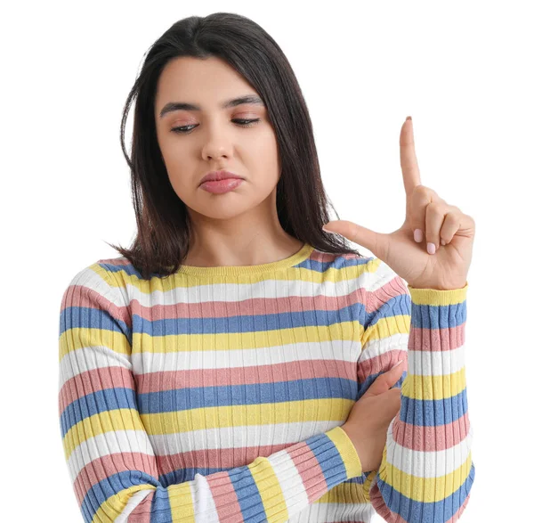 Upset Young Woman Showing Loser Gesture White Background Closeup — Stock Photo, Image
