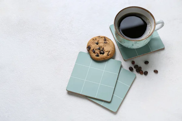 Drink Coasters Cup Coffee Cookie Beans White Table — Stock Photo, Image
