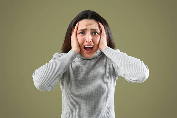 Scared Young Woman Color Background — Stock Photo, Image
