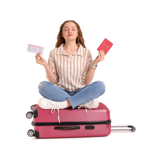 Young Woman Passport Ticket Suitcase White Background — Stock Photo, Image