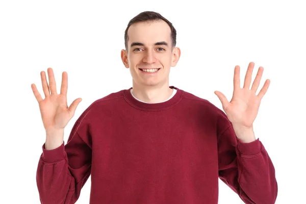 Fiatal Férfi Bemutató Tíz Ujját Fehér Háttér — Stock Fotó