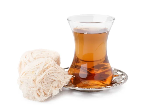 Tasty Turkish Pismaniye Glass Tea White Background — Stock Photo, Image