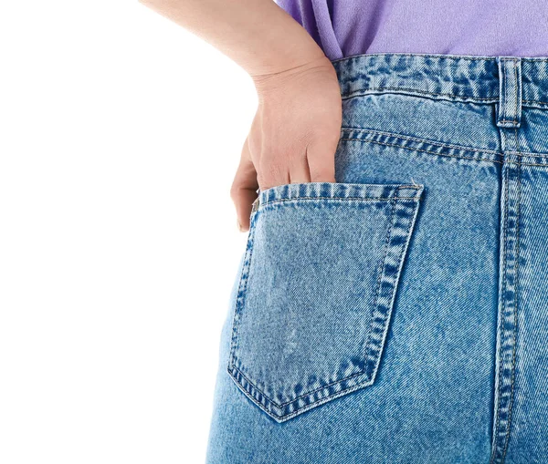 Mujer Joven Jeans Con Estilo Sobre Fondo Blanco Vista Trasera —  Fotos de Stock