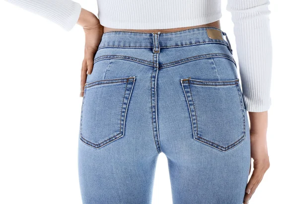 Mujer Joven Jeans Ajustados Sobre Fondo Blanco Vista Trasera —  Fotos de Stock