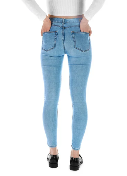 Giovane Donna Jeans Skinny Sfondo Bianco Vista Posteriore — Foto Stock