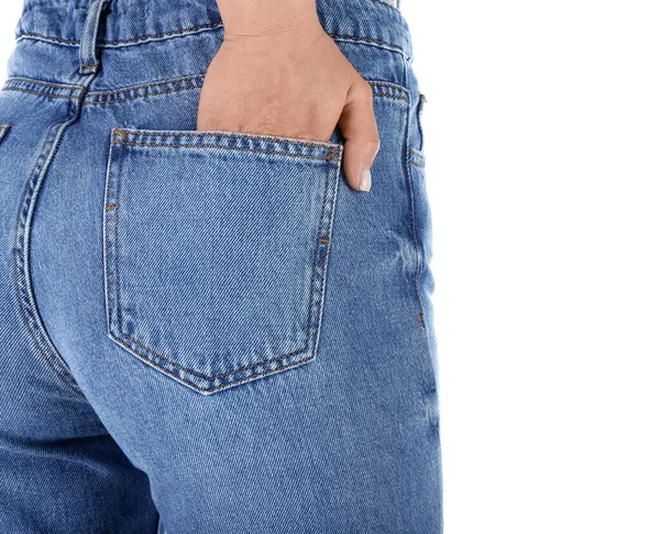 Jovem Mulher Macacão Jeans Fundo Branco Visão Traseira — Fotografia de Stock