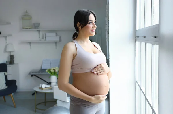 Sporty Young Pregnant Woman Window Home — Stock Photo, Image