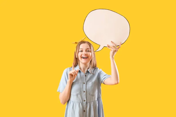 Happy Young Woman Blank Speech Bubble Yellow Background — Stock Photo, Image
