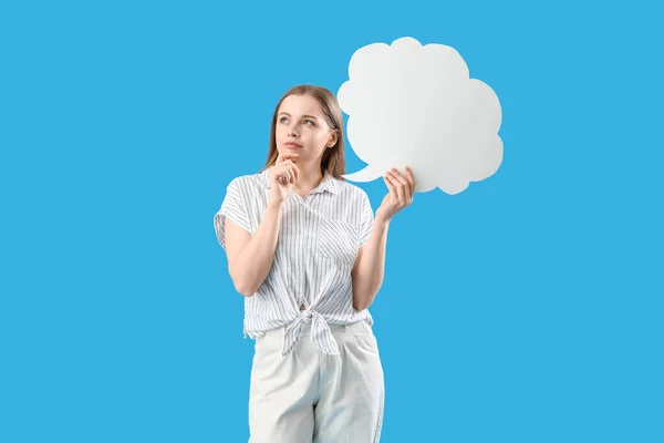 Thoughtful Young Woman Blank Speech Bubble Blue Background — Stock Photo, Image