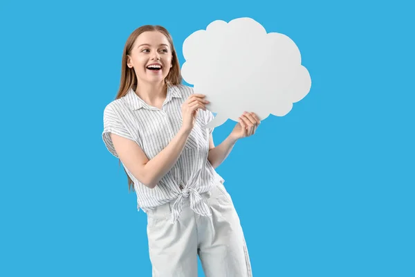 Happy Young Woman Blank Speech Bubble Blue Background — Stock Photo, Image