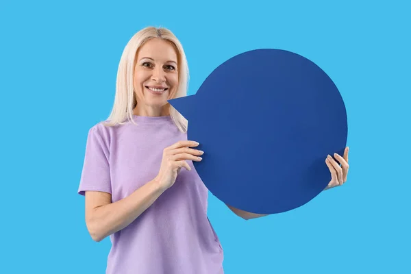 Mature Woman Blank Speech Bubble Blue Background — Stock Photo, Image