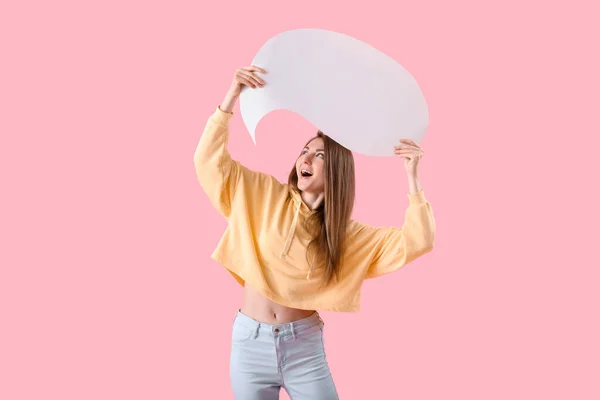 Young Woman Blank Speech Bubble Pink Background — Stock Photo, Image