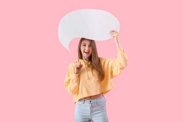 Young Woman Pointing Blank Speech Bubble Pink Background — Stock Photo, Image