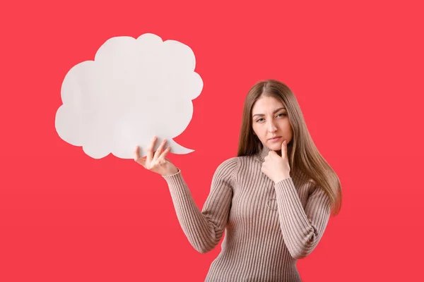 Thoughtful Young Woman Blank Speech Bubble Red Background — Stock Photo, Image
