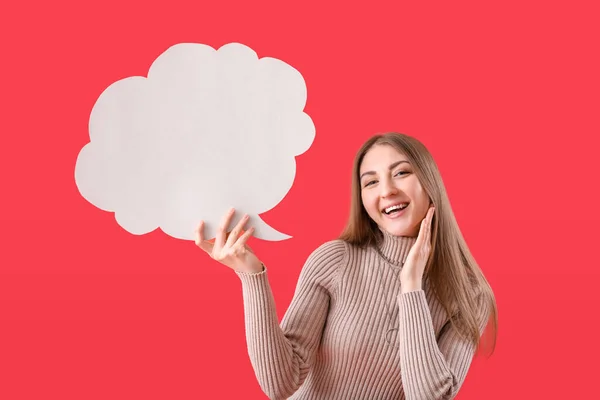 Young Woman Blank Speech Bubble Red Background — Stock Photo, Image