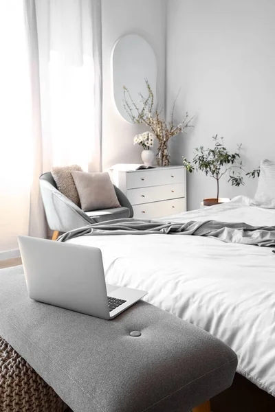 Interior Light Bedroom Modern Laptop Bedside Bench Blooming Tree Branches — Stock Photo, Image