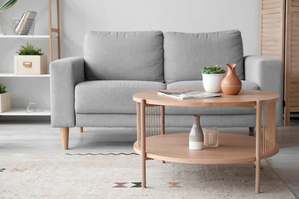 グレーのソファと木製のコーヒーテーブル付きのスタイリッシュなリビングルームのインテリア — ストック写真