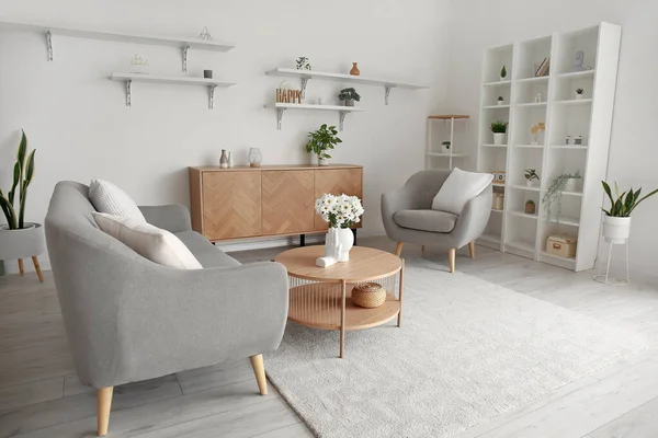 Interior Light Living Room Grey Sofa Armchair Coffee Table — Stock Photo, Image