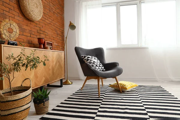 Cozy Black Armchair Cushions Interior Light Living Room — Stock Photo, Image