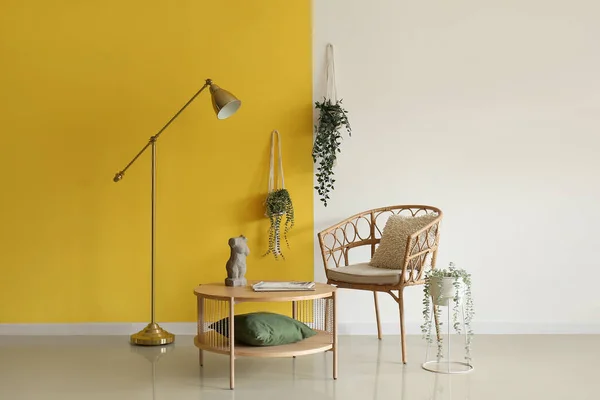 Simple Interior Living Room Armchair Coffee Table Hanging Houseplants — Stock Photo, Image