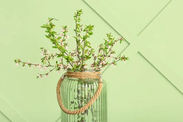 Vase Blooming Tree Branches Green Background — Stock Photo, Image