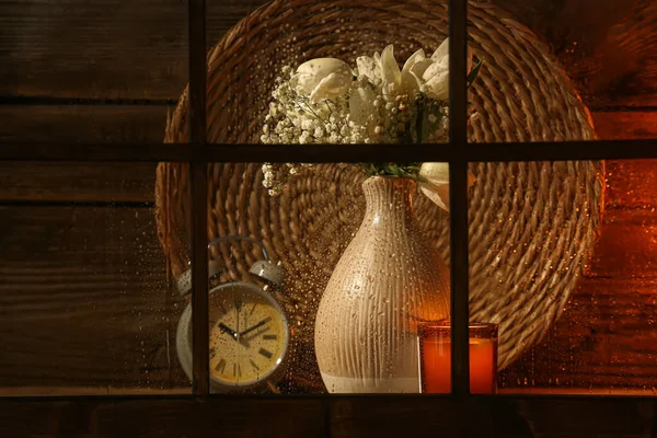 Vase Beautiful Tulip Flowers Alarm Clock Candle Windowsill View Window — Stock Photo, Image
