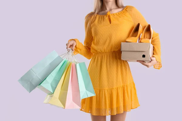 Young Woman Shoes Shopping Bags Light Background — Stock Photo, Image