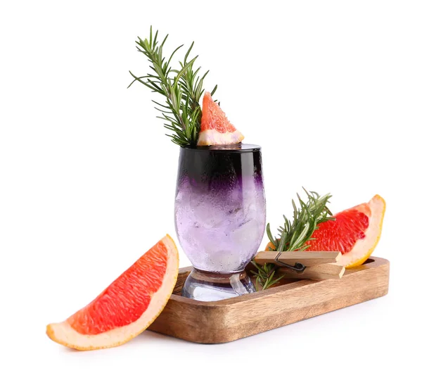 Glas Lila Gin Och Tonic Med Grapefrukt Och Rosmarin Vit — Stockfoto