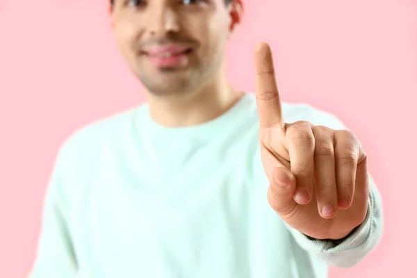 Young Man Using Virtual Screen Pink Background Closeup — Stock Photo, Image