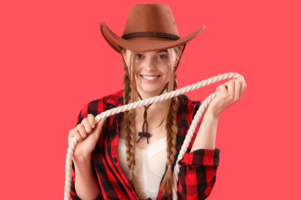 Young Cowgirl Lasso Red Background Closeup — Stock Photo, Image