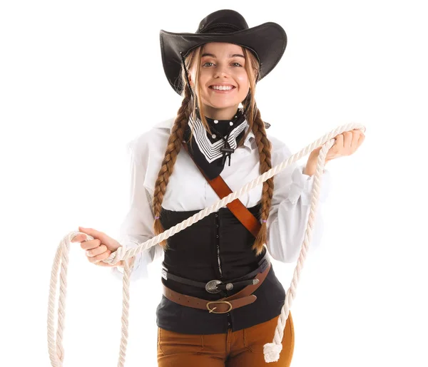 Fiatal Cowgirl Lasszóval Fehér Háttér — Stock Fotó