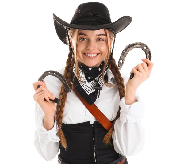 Fiatal Cowgirl Patkó Fehér Háttér — Stock Fotó