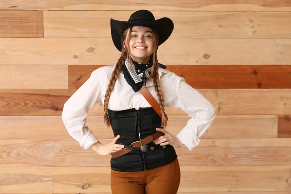 Young Cowgirl Wooden Background — Stock Photo, Image