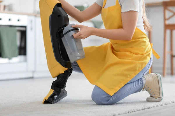 Young Woman Vacuum Cleaner Kitchen Closeup — Stock Photo, Image