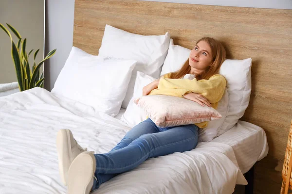 Dreaming Young Woman Lying Bed Home — Stock Photo, Image