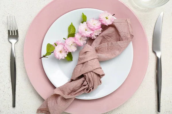 Beautiful Table Serving Cutlery Blooming Tree Branch Folded Napkin White — Stock Photo, Image