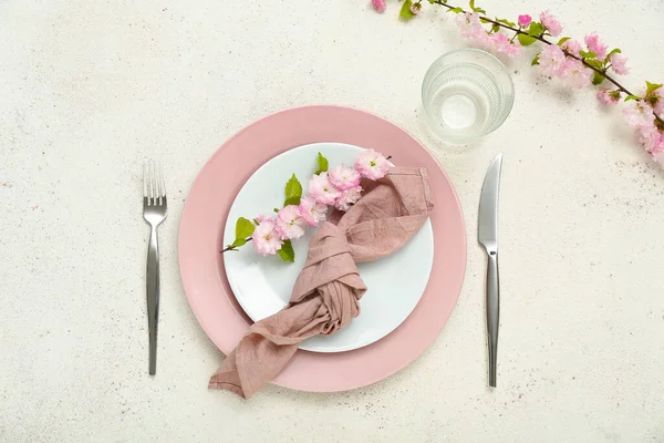 Beautiful Table Serving Cutlery Blooming Tree Branches Folded Napkin White — Stock Photo, Image