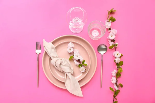 Beautiful Table Serving Cutlery Blooming Tree Branches Folded Napkin Pink — Stock Photo, Image