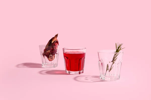 Glasses Fresh Pomegranate Juice Rosemary Pink Background — Stock Photo, Image