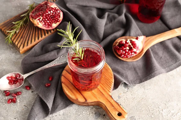 Spoon Fresh Pomegranate Glasses Juice Grey Table — Stock Photo, Image