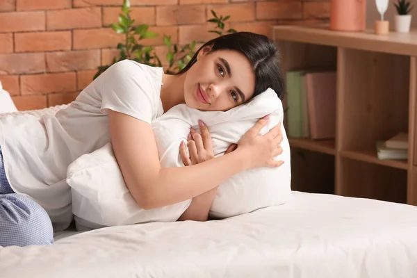 Young Woman Soft Pillow Sitting Bedroom — Stock Photo, Image