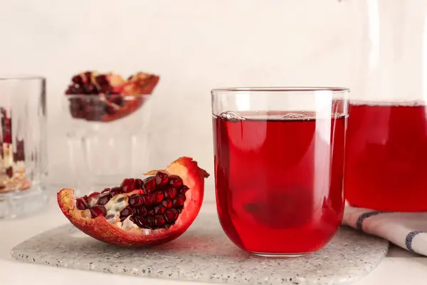 Jug Glass Fresh Pomegranate Juice White Wooden Table — Stock Photo, Image